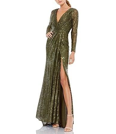 Ieena for Mac Duggal Long Sleeve Deep Surplice V-Neck Sequin Thigh High Slit Gown Product Image