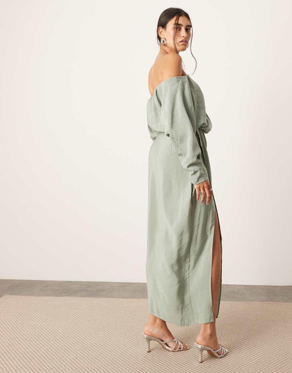 ASOS EDITION twist off-shoulder midi dress with cut-out detail in sage green Product Image