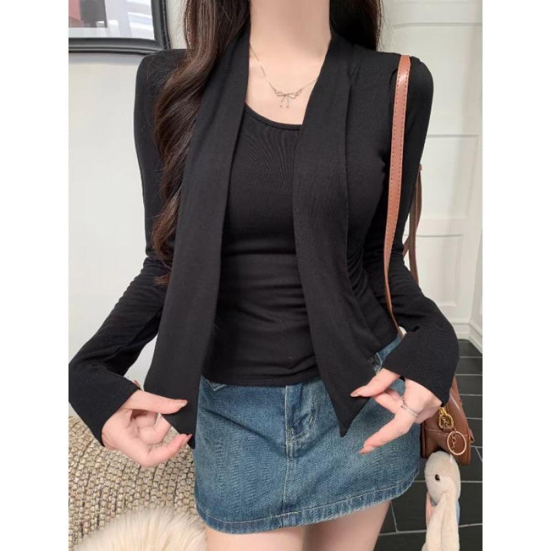 Long-Sleeve Tie Neck Plain Tee Product Image