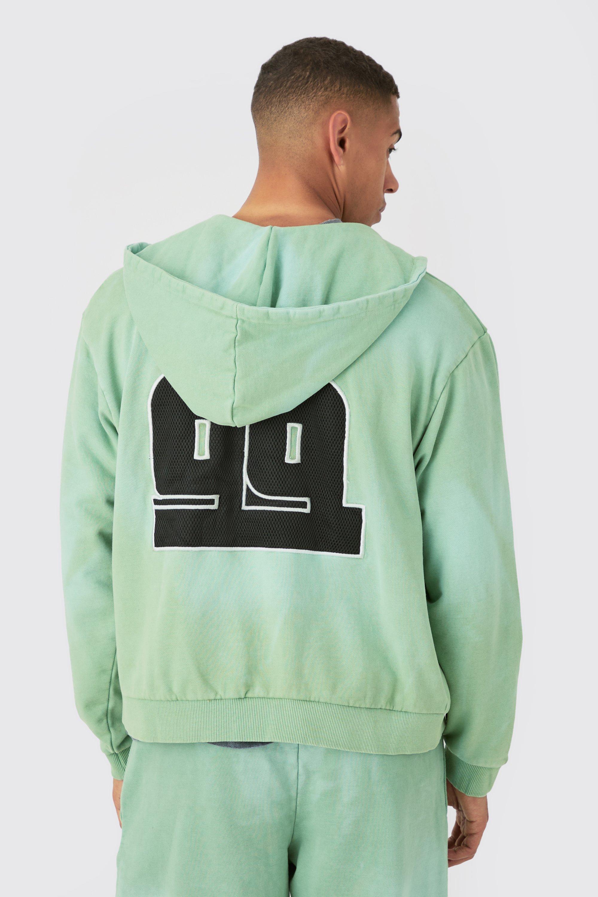 Mens Green Oversized Boxy Zip Thru Heavy Washed Applique Hoodie, Green Product Image