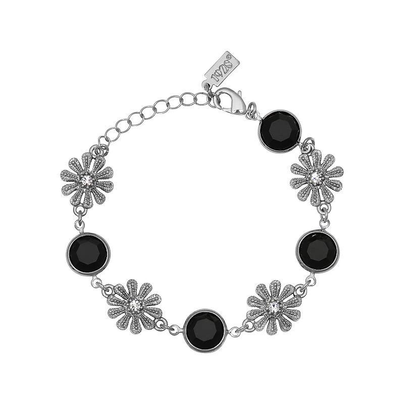 1928 Silver Tone Black Crystal Flower Bracelet, Womens Product Image