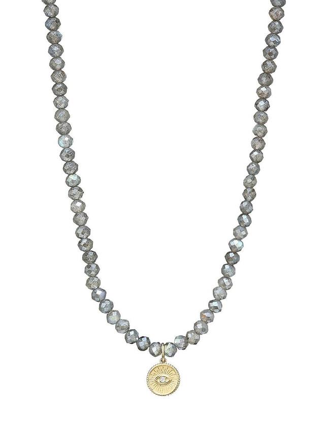 Womens 14K Yellow Gold, Labradorite & Diamond Evil Eye Charm Beaded Necklace Product Image