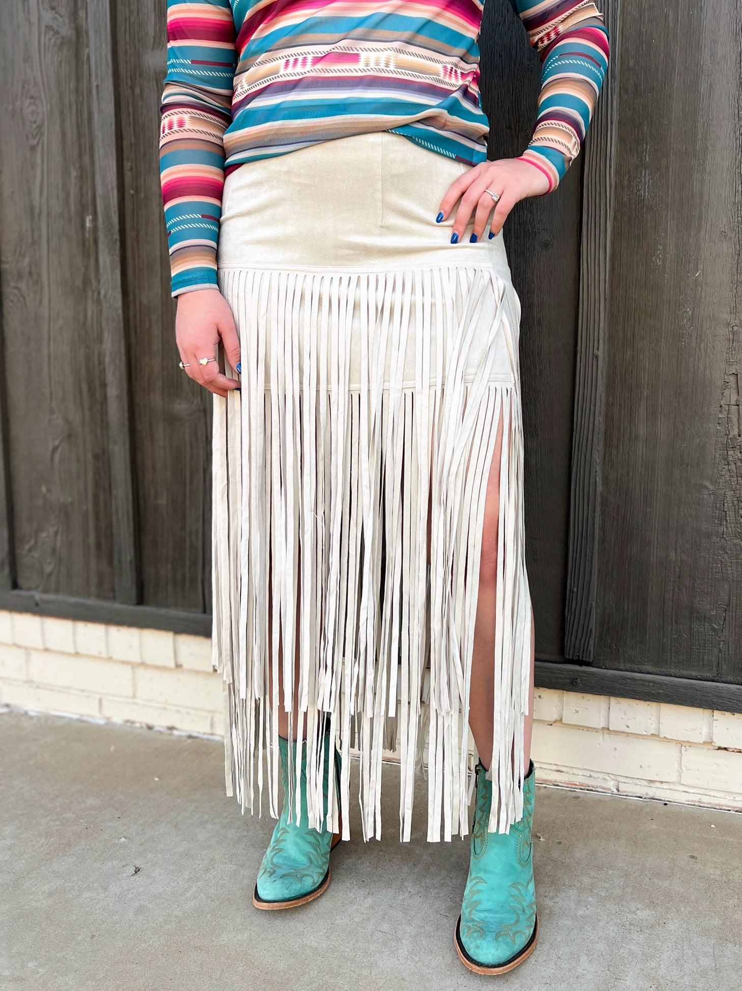 Rodeo Queen Suede Fringe Skirt Beige Product Image