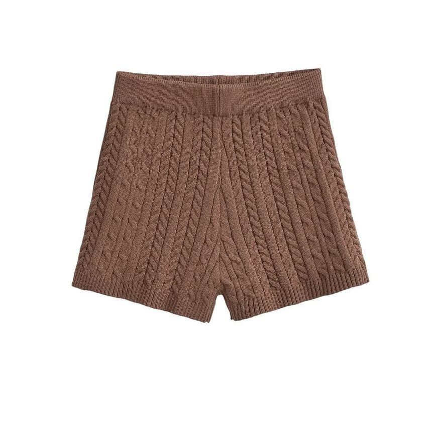 High Waist Plain Cable Knit Shorts Product Image