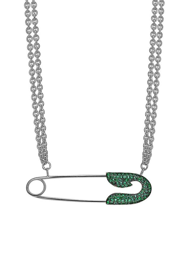 Womens Safety Pin 18K White Gold & Tsavorite Necklace Product Image