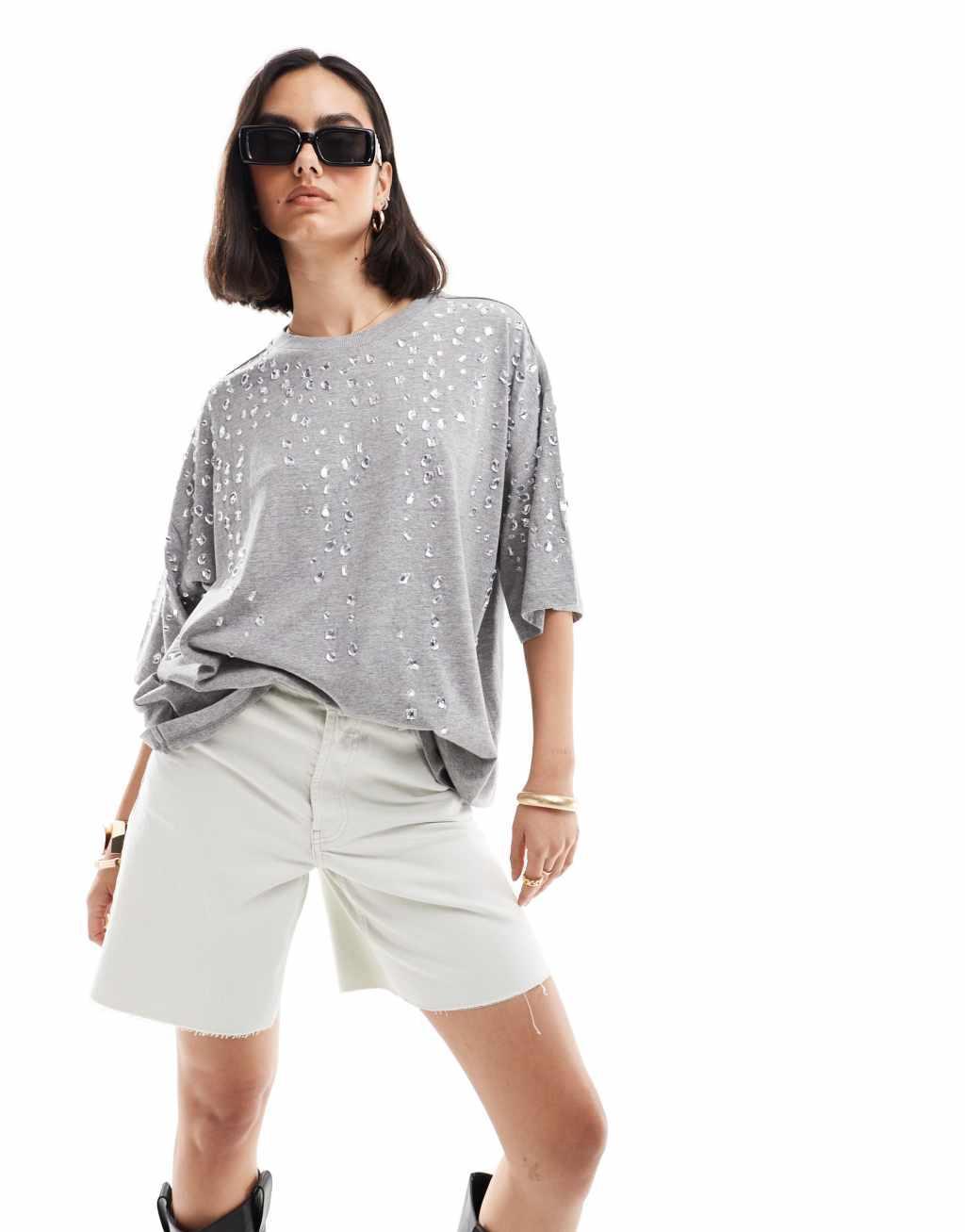 ASOS DESIGN crystal embellished oversized t-shirt in gray Product Image