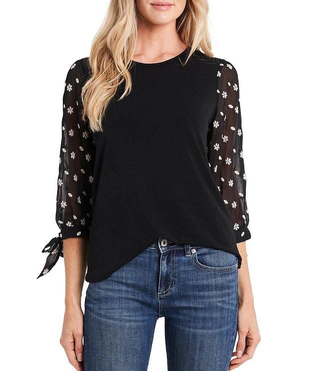 CeCe Floral Embroidered 3/4 Tie Sleeve Crew Neck Knit Top Product Image