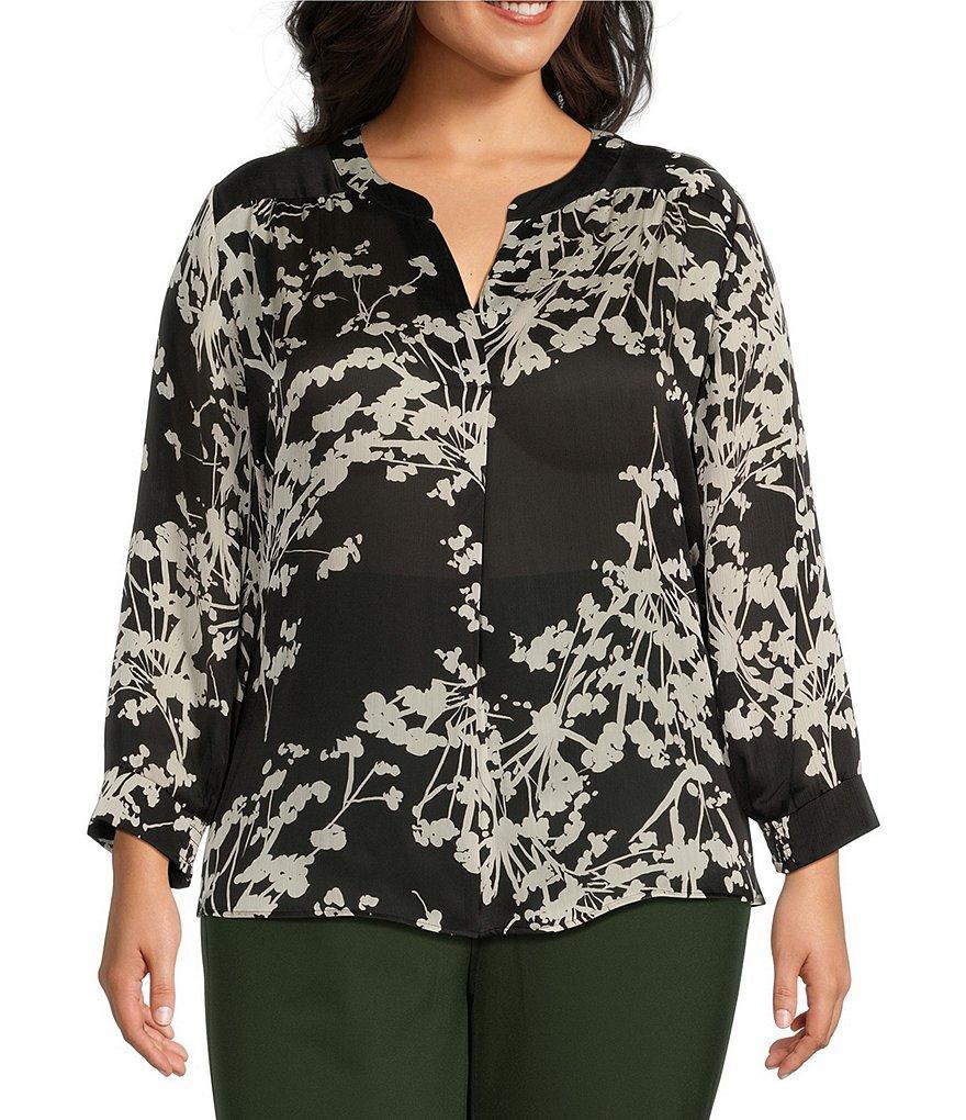 Investments Plus Size Floral Imprint Woven Inverted Pleat V-Neck 3/4 Sleeve Top Product Image