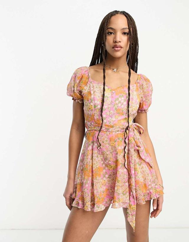 Miss Selfridge festival chiffon corset detail tiered romper in pink cluster floral Product Image