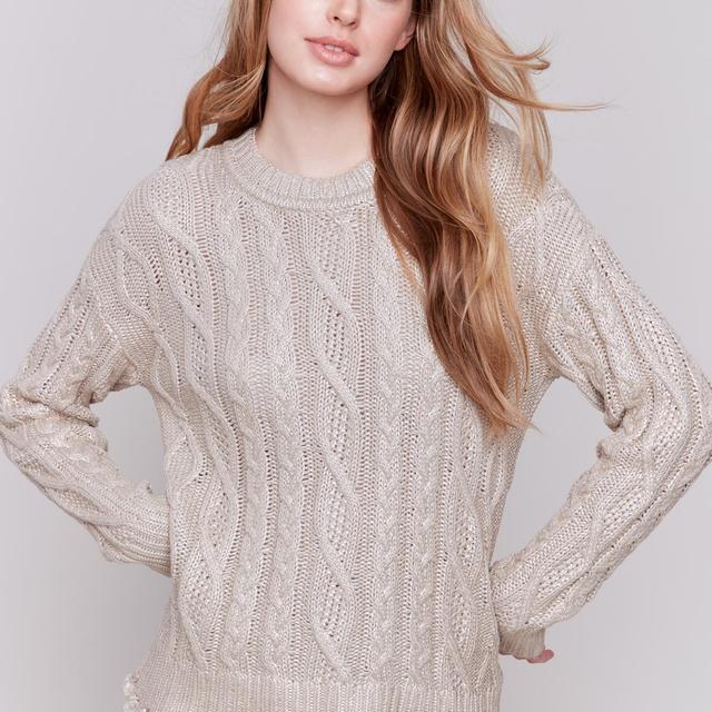 Foiled Cable Knit Crew-Neck Sweater Product Image