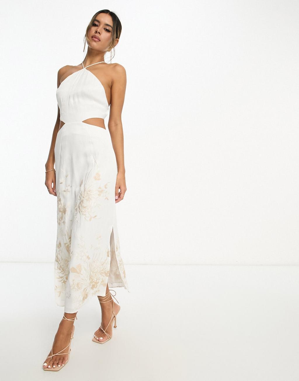 ASOS EDITION satin halter floral embroidered midi dress with cut-out back in ivory Product Image