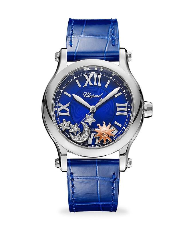 Womens Happy Sport Automatic Stainless Steel Sapphire & Diamond Leather Strap Watch Product Image