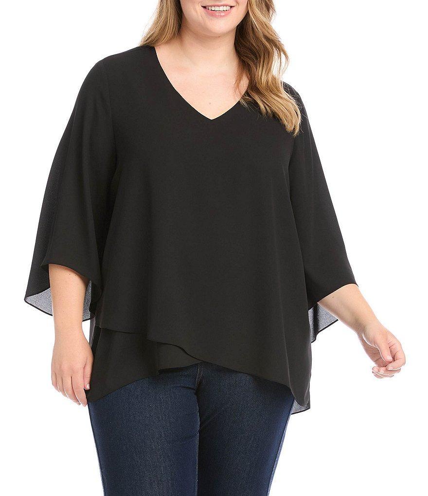 Karen Kane Plus Size Crepe V-Neck 3/4 Flare Sleeve Asymmetric Hem Top Product Image