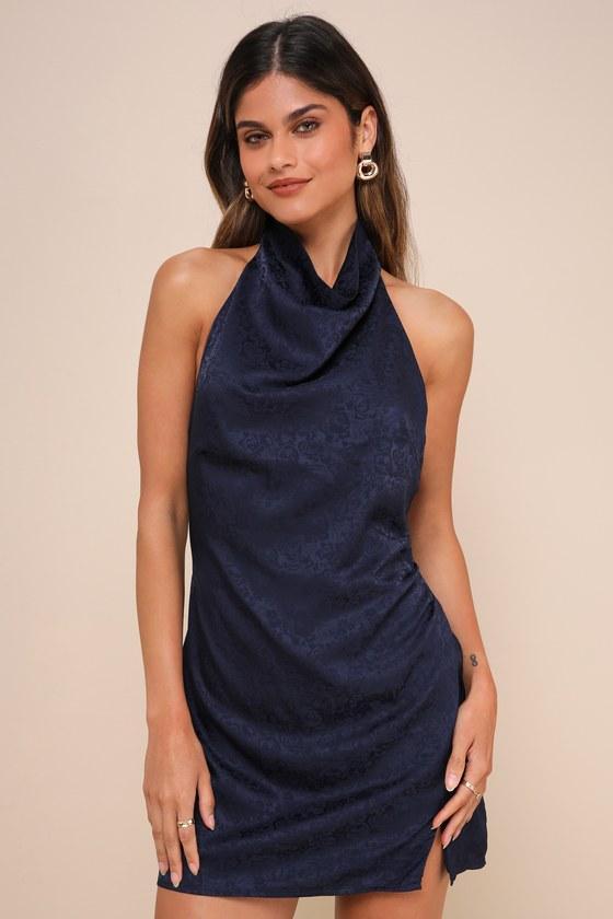 Simply a Stunner Navy Jacquard Cowl Backless Mini Dress Product Image