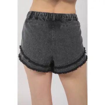 Black Frayed Layered Washed Cotton Twill Denim Shorts Female Product Image