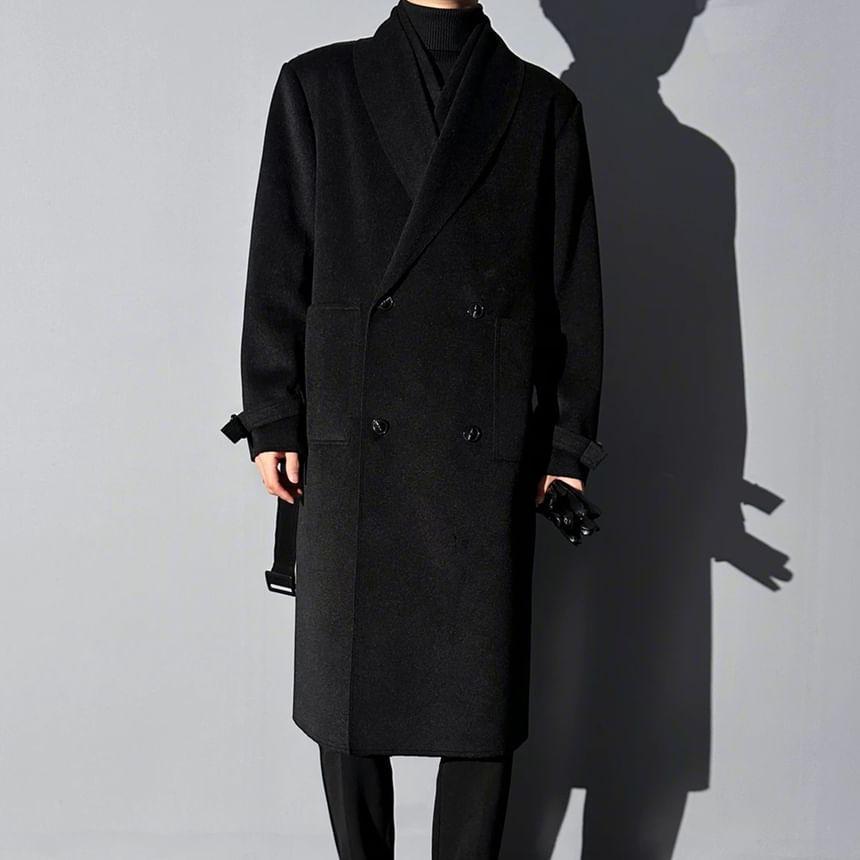 Shawl Collar Mock Two-Piece Plain Double-Breasted Long Coat Product Image