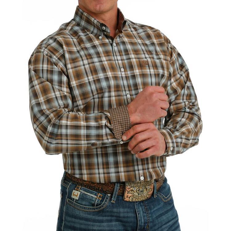 Cinch® Men's L/S Brown/Light Blue Plaid Button Shirt Product Image