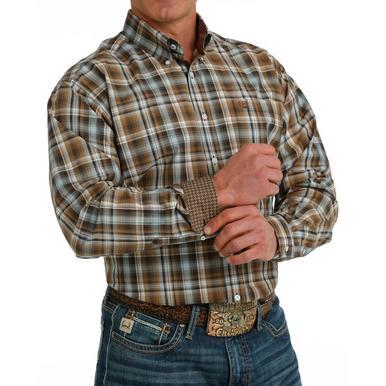 Cinch® Men's L/S Brown/Light Blue Plaid Button Shirt Product Image