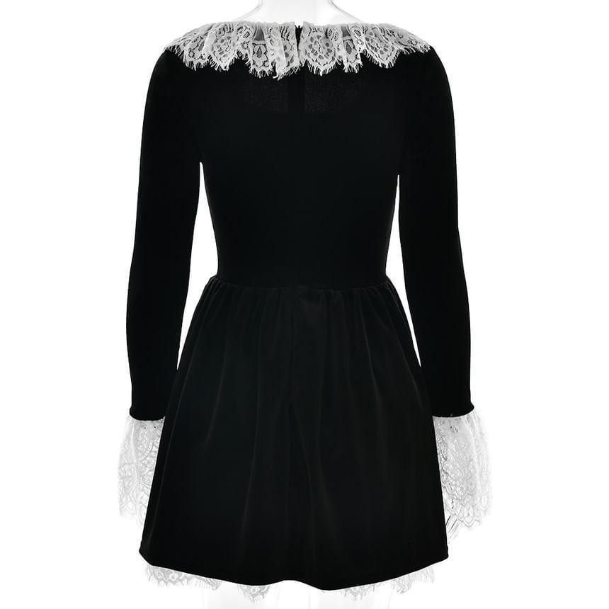 Long-Sleeve Square Neck Lace Panel Mini Dress Product Image