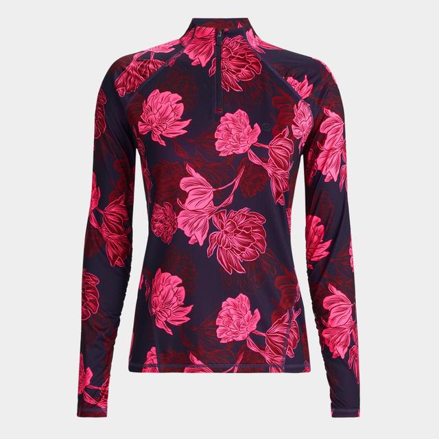 CONTRAST STAMPED FLORAL TECH JERSEY RUCHED QUARTER ZIP PULLOVER Product Image