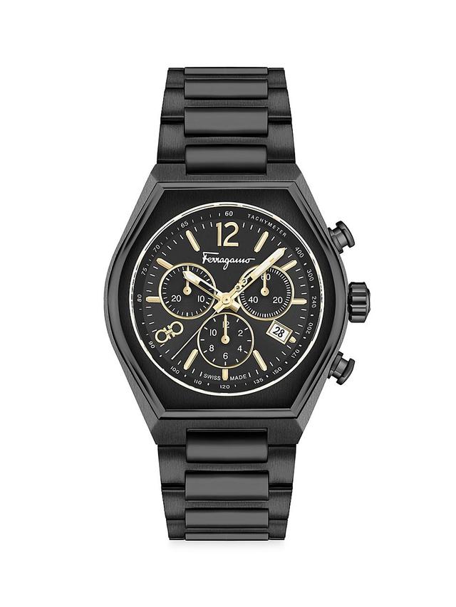 Mens Unisex FERRAGAMO Tonneu Chrono Black Stainless Steel Watch Product Image