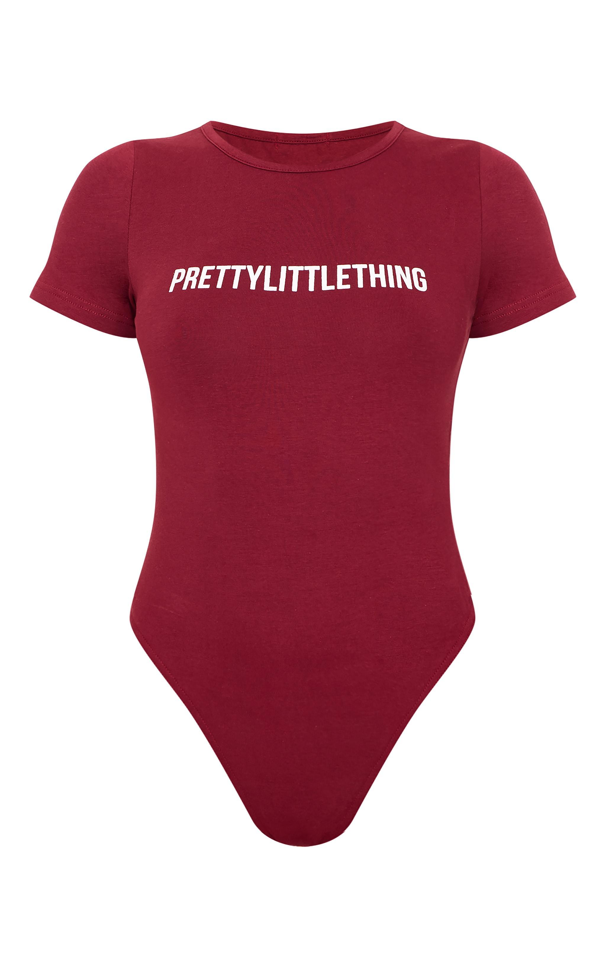 PRETTYLITTLETHING Burgundy Puff Print Short Sleeve Bodysuit Product Image