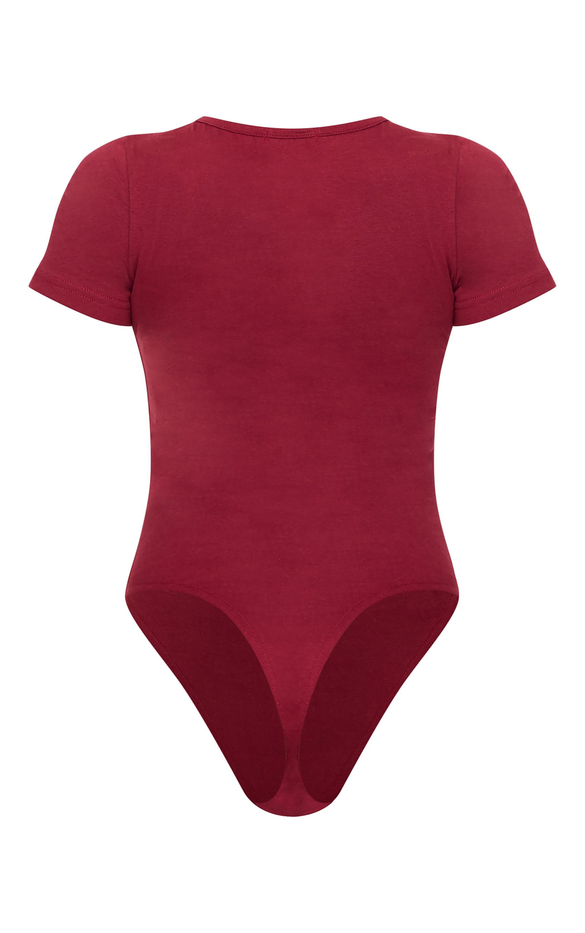 PRETTYLITTLETHING Burgundy Puff Print Short Sleeve Bodysuit Product Image