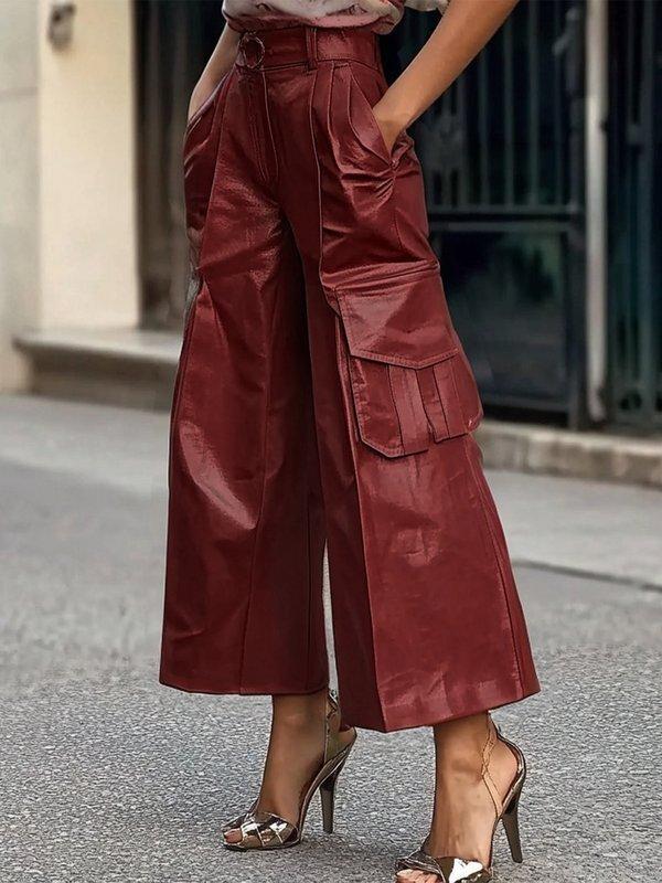 Loose Wide Leg Pleated Pockets Solid Color Split-Joint Pants Trousers Product Image