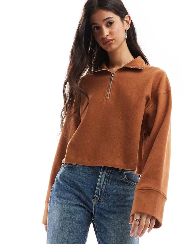 ASOS DESIGN supersoft long sleeve boxy crop half zip sweater in tan Product Image