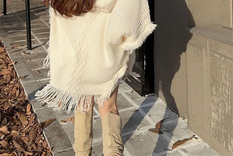 Hooded V-Neck Fringe Trim Knit Cape Product Image