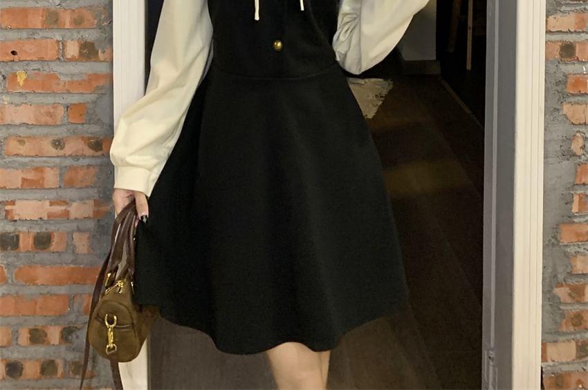 Mock Two-Piece Puff-Sleeve Contrast Collar Bow Mini A-Line Dress Product Image