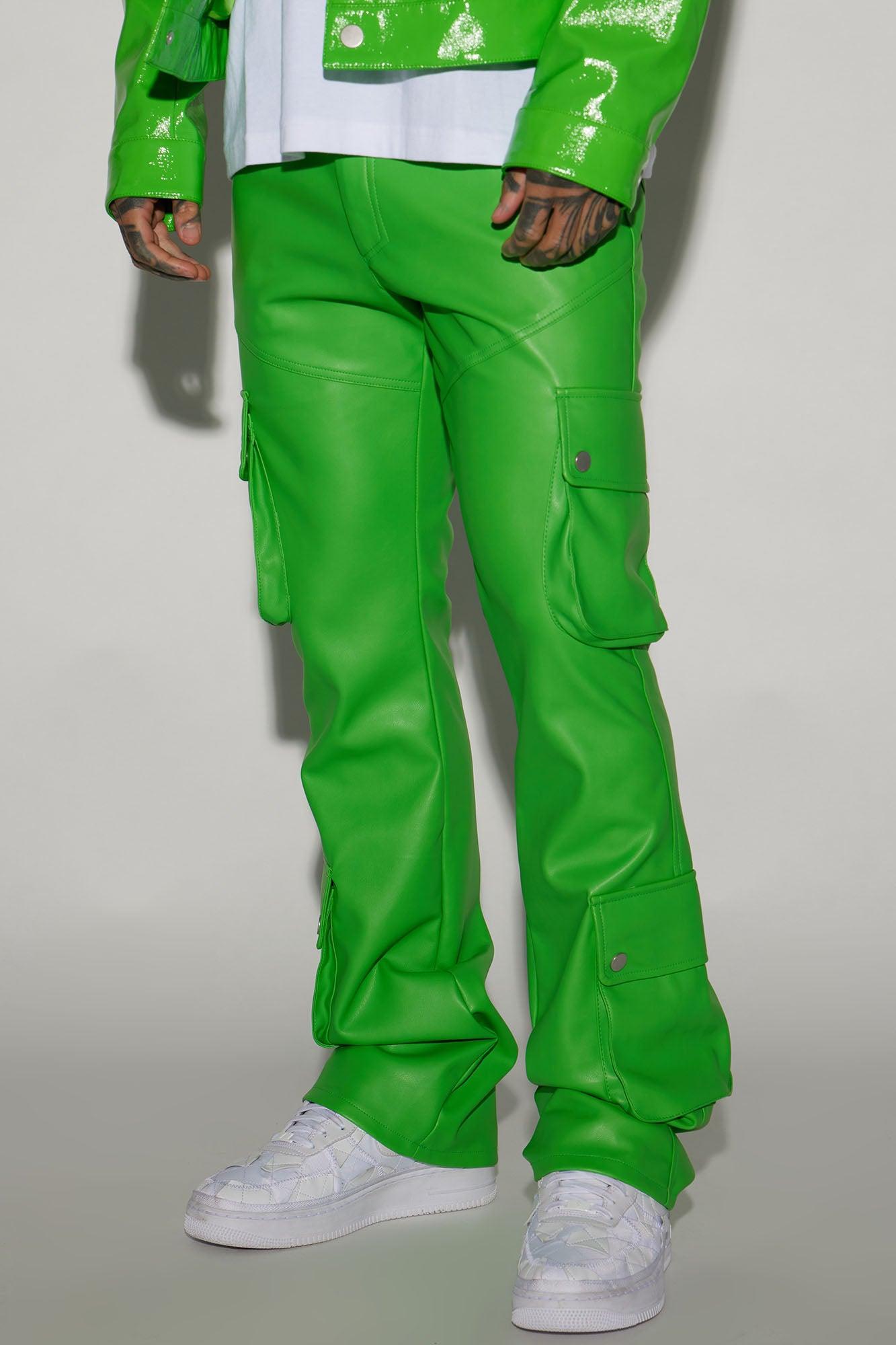 Name Of Love Faux Leather Stacked Slim Flare Pants - Green Product Image