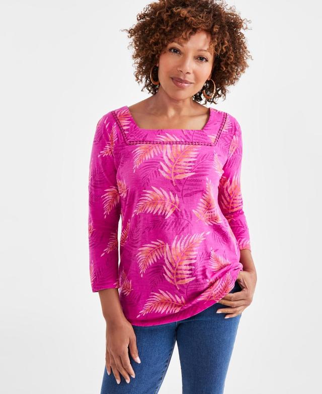 Women's Printed Square-Neck 3/4-Sleeve Cotton Top, Created for Macy's Product Image