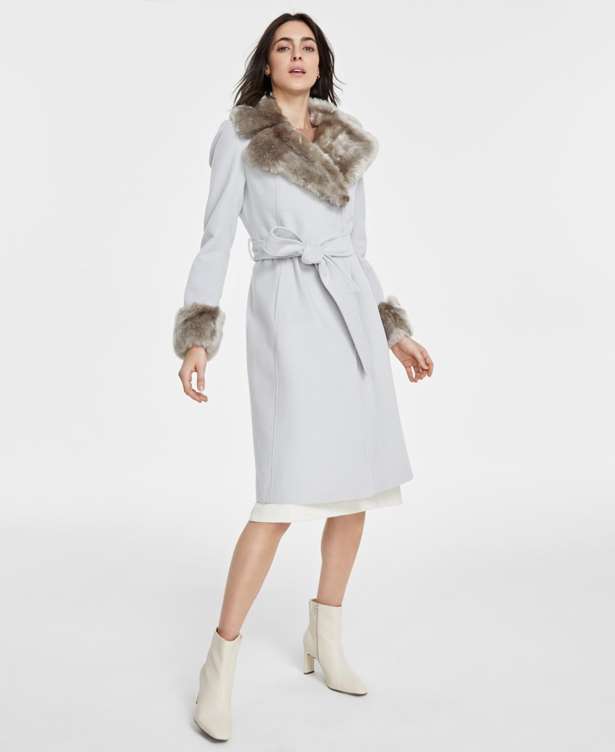 Via Spiga Womens Faux-Fur-Trim Belted Wrap Coat Product Image