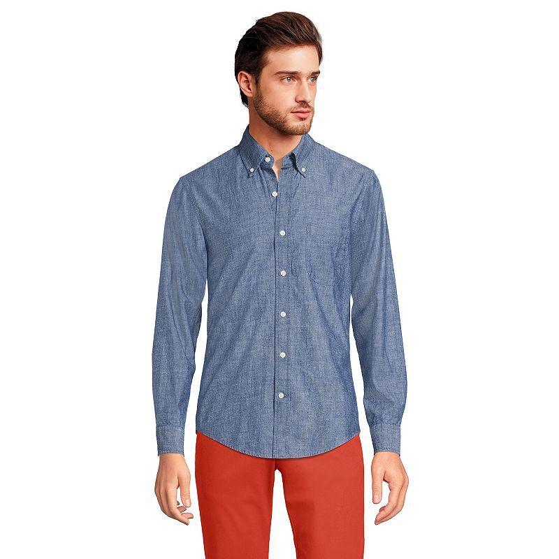 Mens Lands End Button-Down Traditional Fit Chambray Shirt Dark Blue Product Image