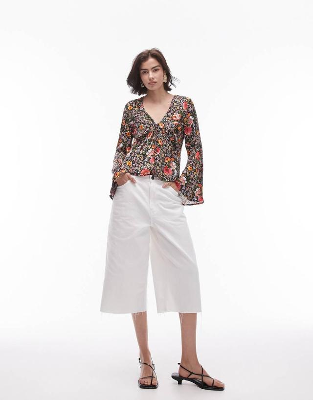 Topshop jacquard button front flute sleeve blouse in floral multi Product Image