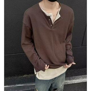 Long-Sleeve Henley Mock Two-Piece Two Tone Ribbed T-Shirt Product Image