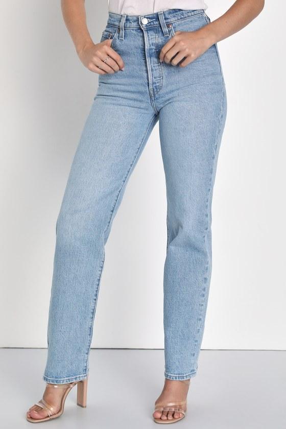 Ribcage Light Wash Straight Leg High Rise Denim Jeans Product Image