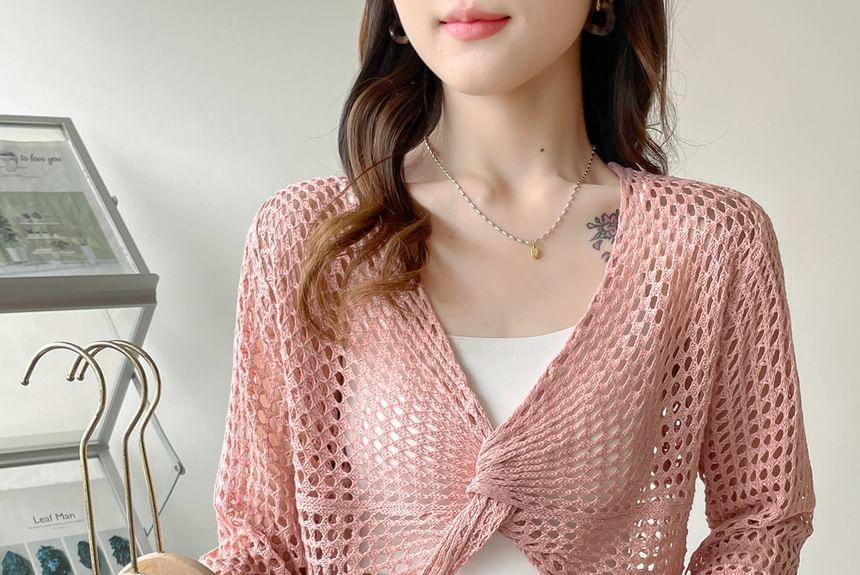 Long-Sleeve V-Neck Plain Perforated Knot Crop Knit Top Product Image