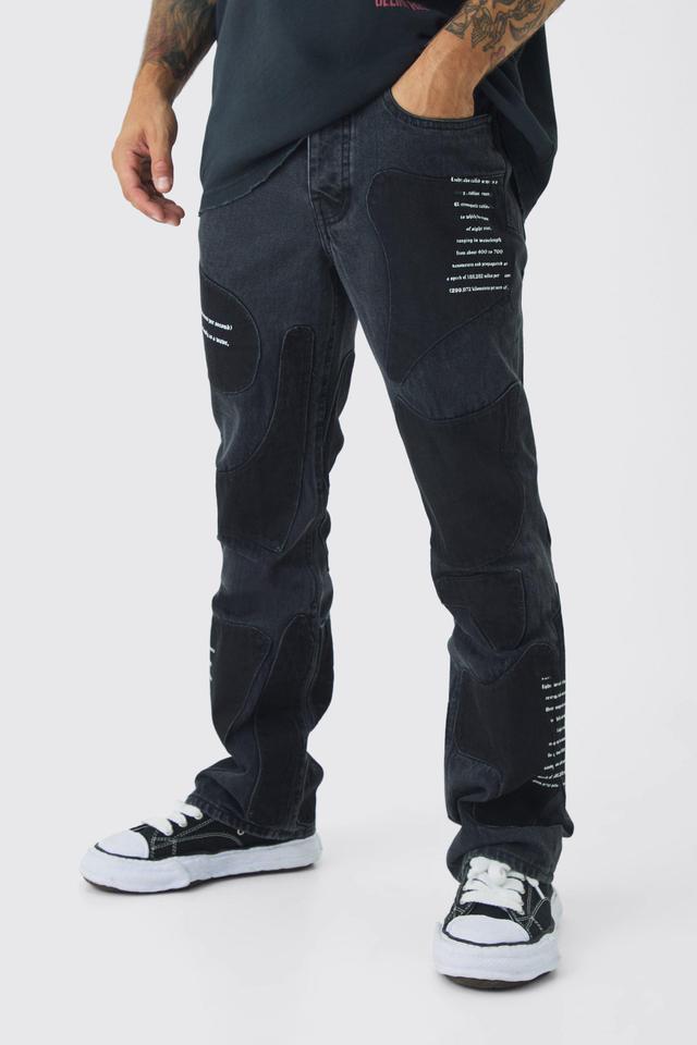 Rigid Slim Flare Patchwork Applique Jeans | boohooMAN USA Product Image