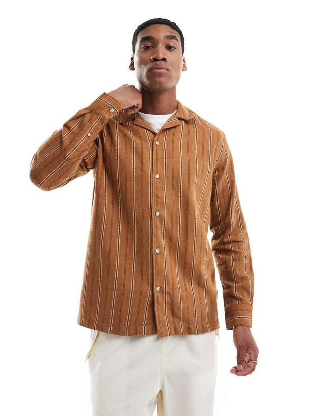 ONLY & SONS relaxed long sleeve shirt in light brown stripe Product Image