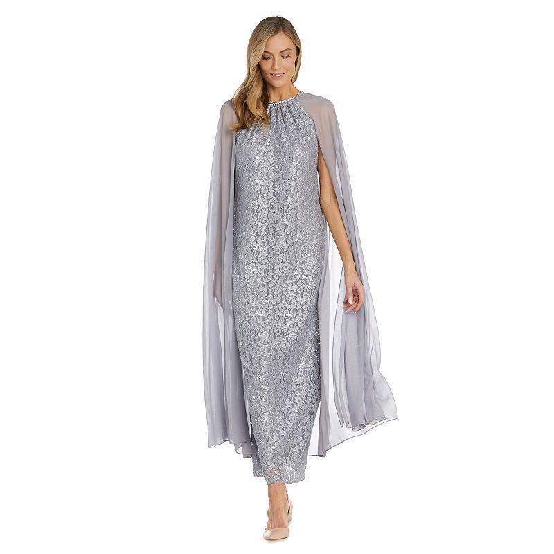 Womens R&M Richards Long Sequin Lace Chiffon Cape Gown Silver Product Image