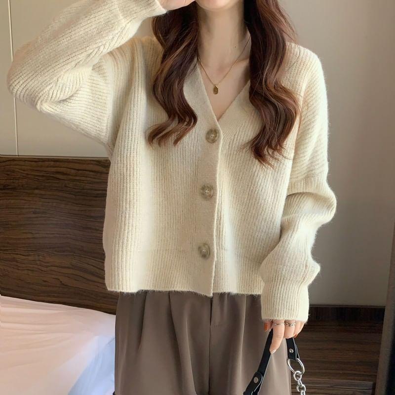 V-Neck Plain Ribbed Cardigan Product Image