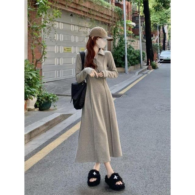 Long-Sleeve Collared Plain Knit Maxi A-Line Dress Product Image