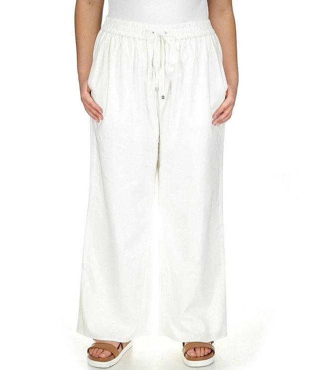 Michael Kors Plus Size Linen Blend Elastic Drawstring Tie Waist Pocketed Pull-On Pants Product Image