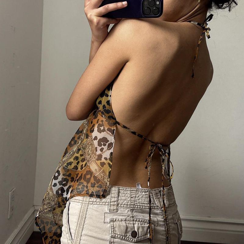 Leopard Print Asymmetrical Halter Top Product Image