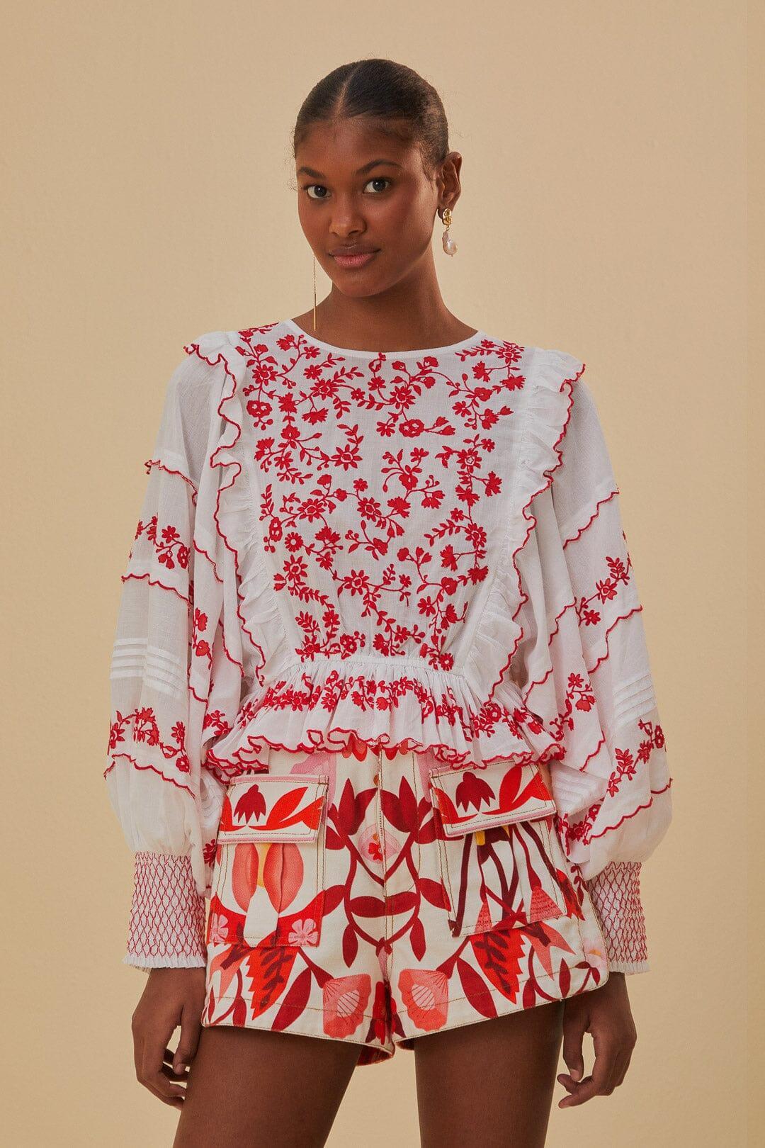 Off-White and Red Embroidered Long Sleeve Blouse, OFF-WHITE / XL product image