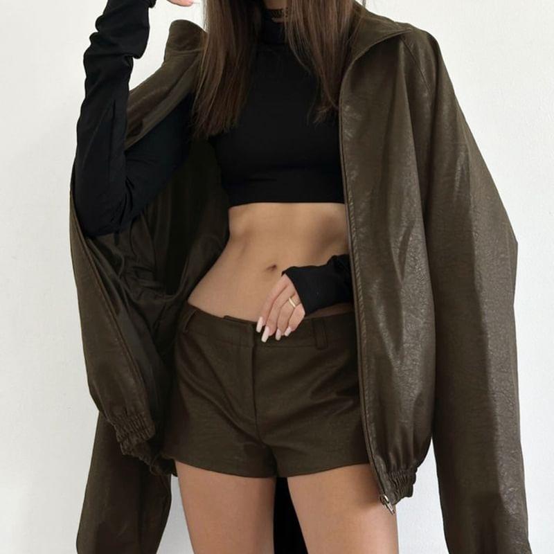 Stand Collar Plain Faux Leather Zip Jacket / Mid Rise Shorts Product Image