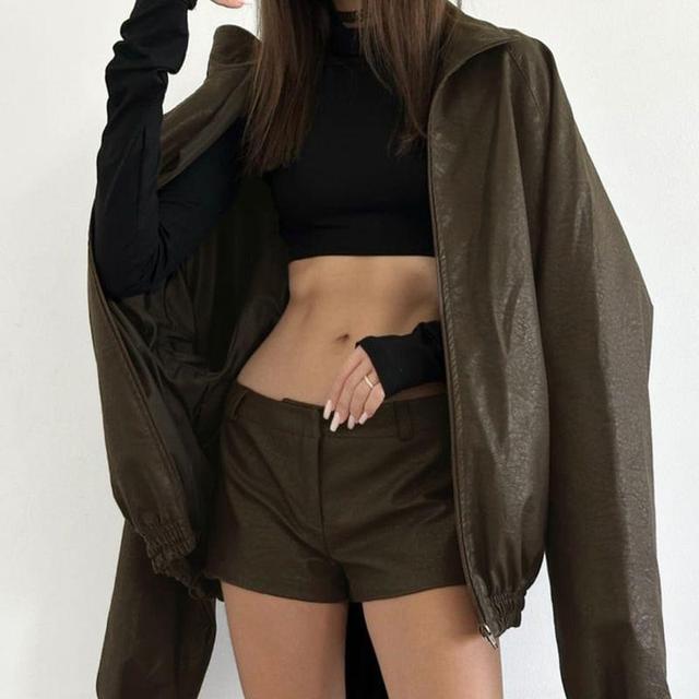 Stand Collar Plain Faux Leather Zip Jacket / Mid Rise Shorts Product Image