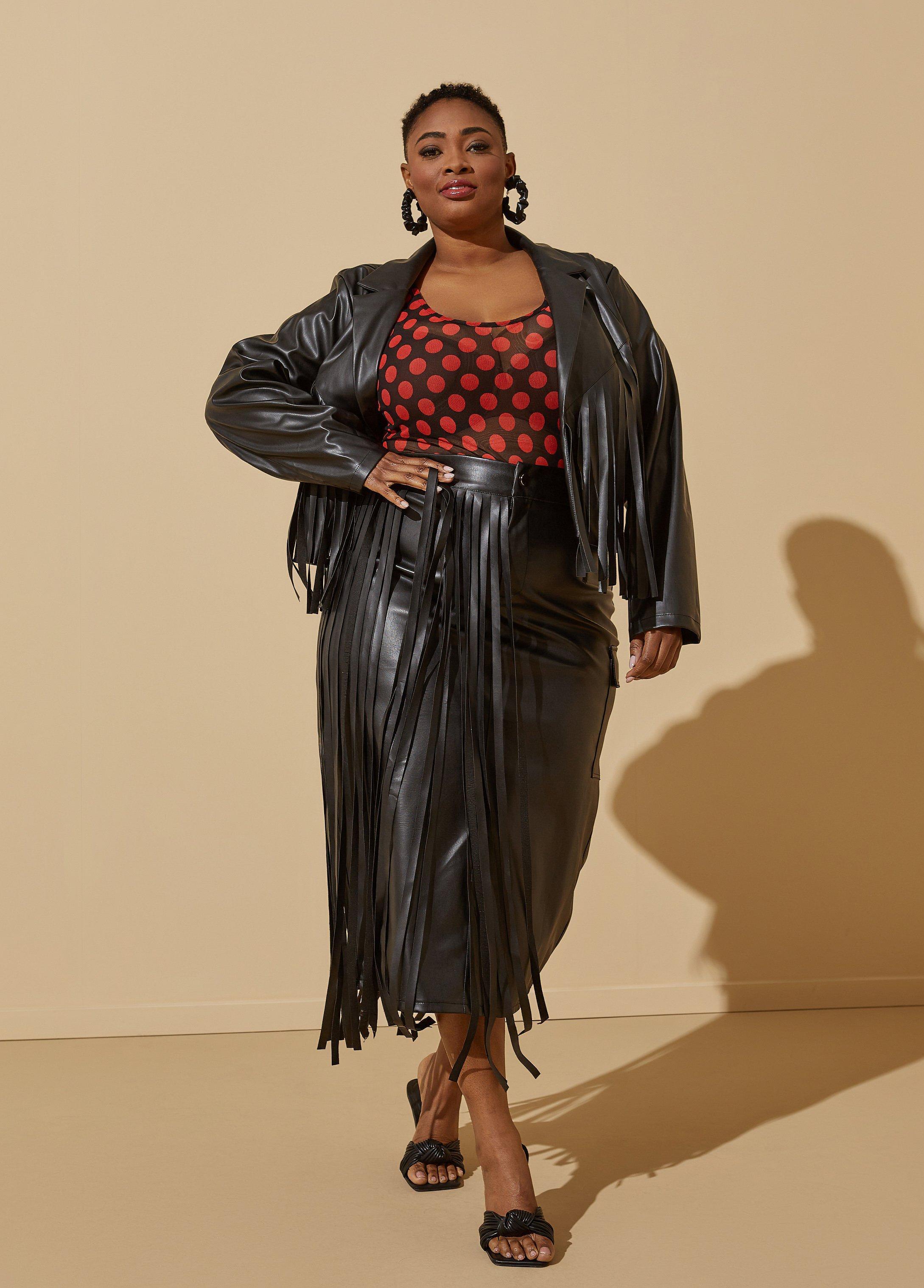 Plus Size Fringed Faux Leather Midi Skirt Ashley Stewart product image